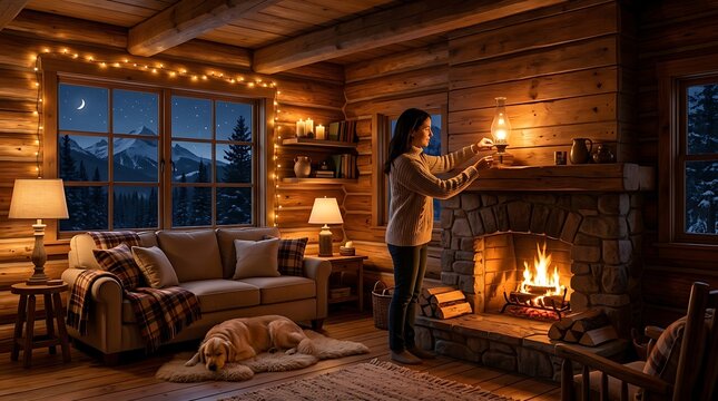 Woman adjusts lantern in a cozy log cabin, dog resting by fireplace on a winter night.