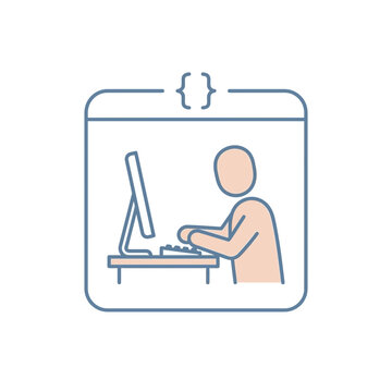 Software developer coder icon at computer desk.
