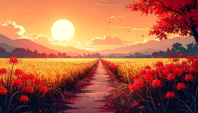 Japanese Autumn Sunset Landscape with Golden Rice Fields, Red Spider Lilies and Mountains Illustration