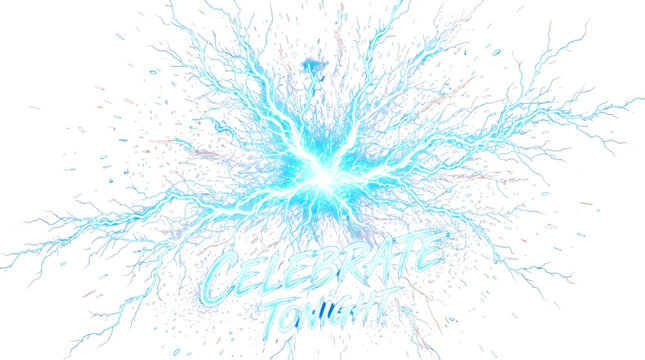 Blue lightning energy burst with celebrate tonight text isolated on transparent background