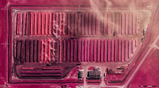 High Angle Aerial View of Industrial Agricultural Ponds and Farming Facility in False Color Infrared