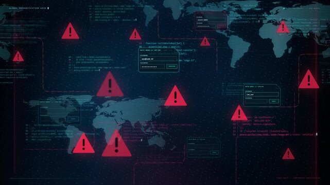 Cyber security threat map with red warning alerts code streams and login authentication panels