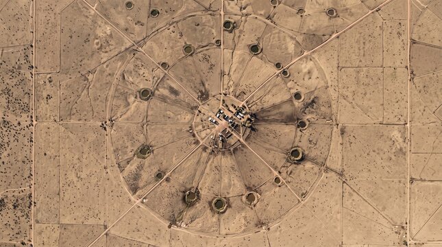 Aerial view of a circular structure in a desert landscape with radiating lines and surrounding pits, suggestive of ancient ruins or a unique geographical formation