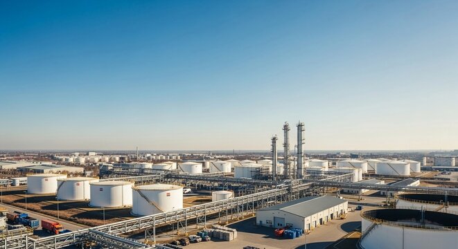 Expansive Industrial Refinery Complex Under Clear Blue Sky, Showcasing Petrochemical Production and Storage Facilities.