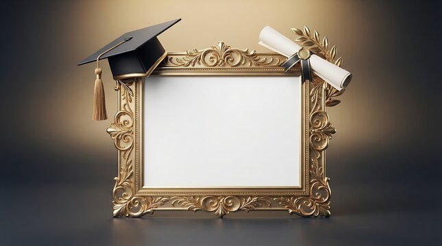 Flame-2026 graduation frame featuring an elegant golden border with a classic mortarboard cap and rolled diploma for academic achievement and success