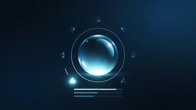 A glowing blue sphere at the center of a futuristic digital interface with geometric shapes and progress bars on a dark background.
