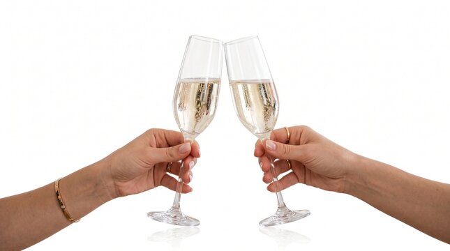 Two hands clinking champagne glasses filled with bubbly liquid on a white background