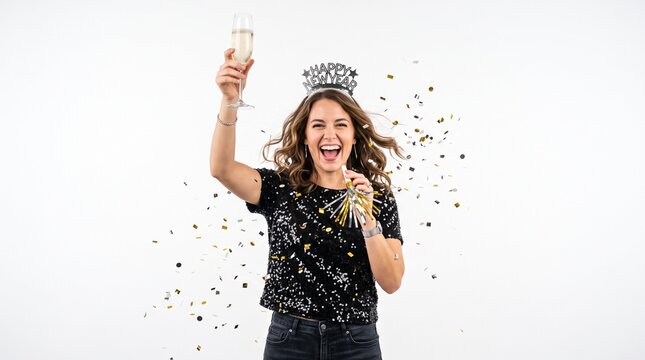 Woman celebrating New Year with champagne and confetti