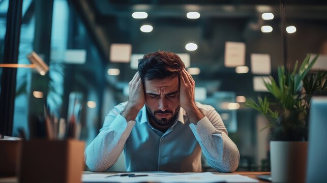 Businessman sits at his office desk with his hands on his head feeling overwhelmed by a heavy workload during a late night shift in the corporate workplace.