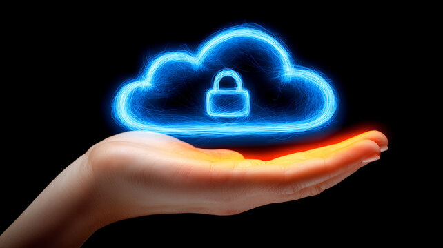 Hand holding a cloud with a padlock represents secure cloud computing and protected data storage

