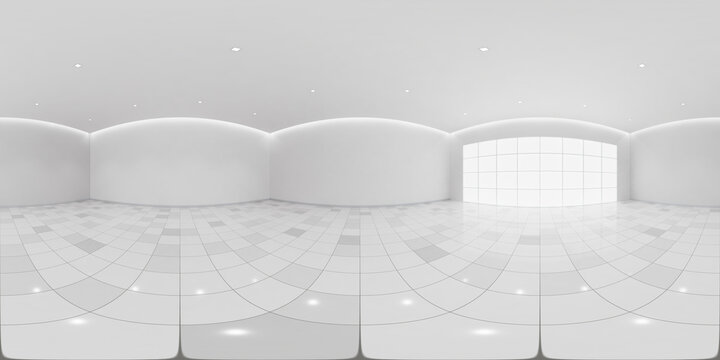360 degree vr panorama of interior featuring tiled floor, panoramic window, modern architecture, virtual reality environment, equirectangular projection, 3d rendering, showroom visualization.
