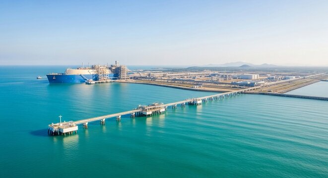 Expansive LNG production terminal with long pier extending into turquoise waters, showcasing industrial complex and transportation infrastructure.