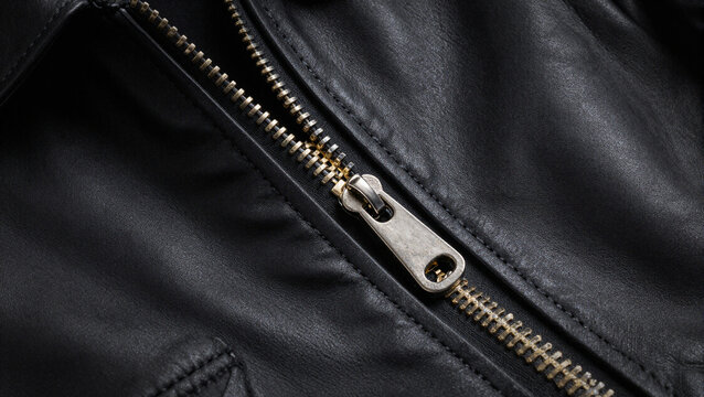 Macro detail of a metal zipper on a black leather jacket