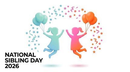 Fototapeta premium National Sibling Day 2026 Illustration. Two Kids Jumping with Balloons. Silhouette Design of Brothers and Sisters. Colorful Vector for Celebration and Greeting Card.