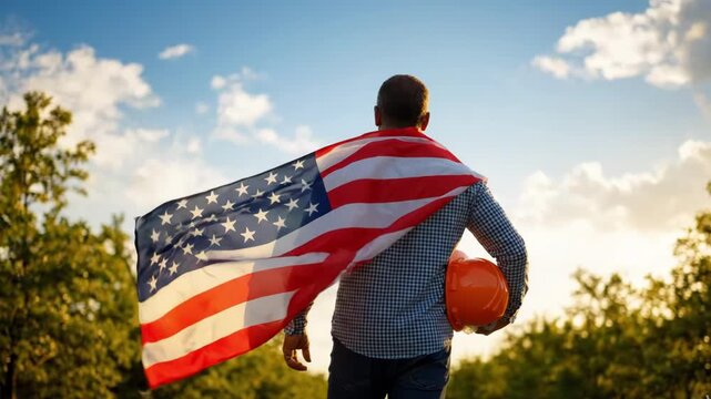 Construction worker wearing an american flag as a cape holding a hard hat