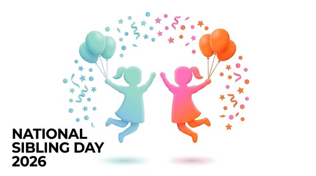 National Sibling Day 2026 Illustration. Two Kids Jumping with Balloons. Silhouette Design of Brothers and Sisters. Colorful Vector for Celebration and Greeting Card.