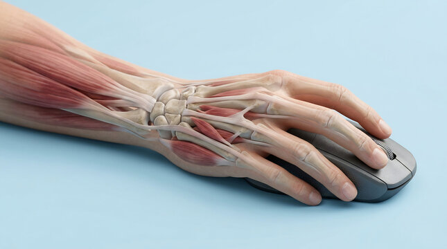 Anatomical view of a human hand and wrist resting on a computer mouse