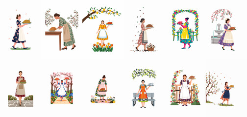 Fototapeta premium Vintage Cottagecore Woman in Apron Illustration Set: Domestic Scenes of Baking, Gardening, and Harvesting with Fresh Bread and Roasted Chicken in Floral Gardens and Outdoor Rural Landscapes.