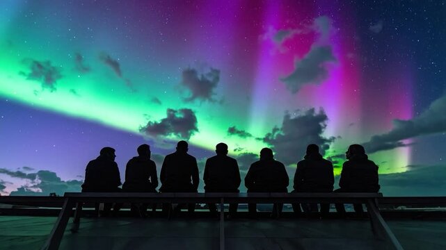 Group watching colorful Aurora Borealis dance in starlit sky