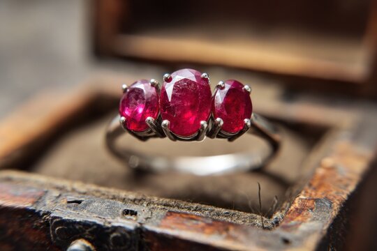Silver ring with three red gemstones