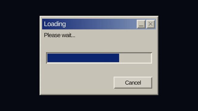 Retro computer loading dialog with progress bar filling to complete and cursor clicking ok