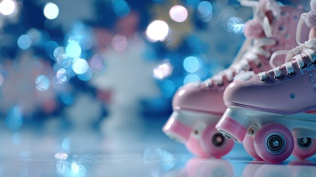 Pink roller skates with bokeh background ready for leisure activity
