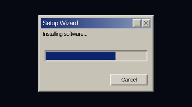 Retro setup wizard installing software with progress bar reaching installation complete