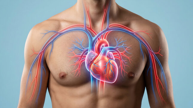 3D medical illustration of human heart and circulatory system on a