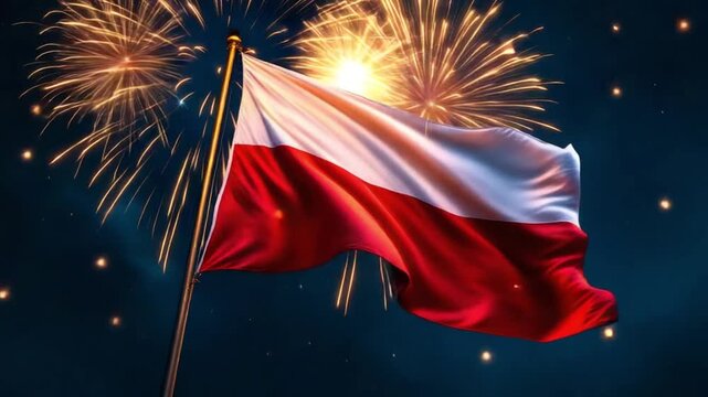 Polish National Flag Waving in Night Sky with Fireworks