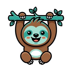 Fototapeta premium Cute Cartoon Sloth Hanging From A Tree Branch With Leaves