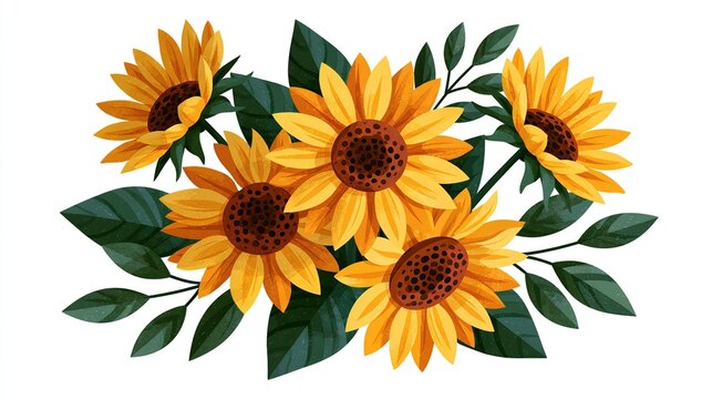 Vibrant Sunflower Bouquet Illustration with Green Leaves