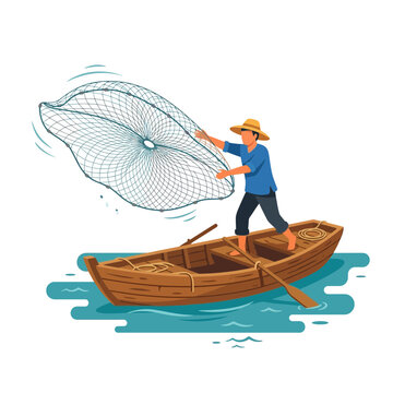 Fisherman throwing cast net from wooden boat vector illustration
