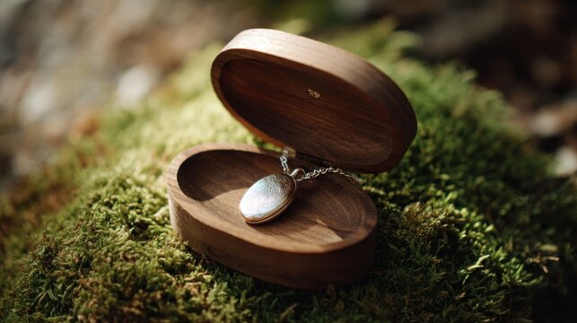 Silver locket in open wooden box
