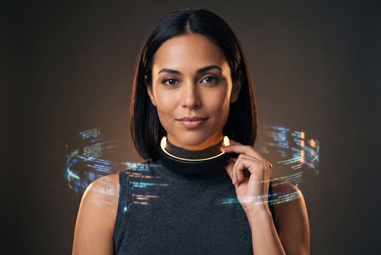 Futuristic woman with holographic coding interface, artificial intelligence and advanced technology concept