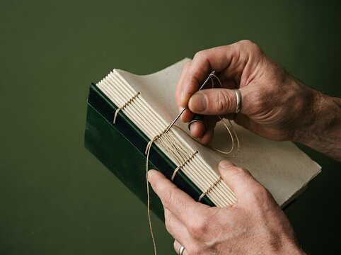 Hands stitching the spine of a handmade book, bookbinding craft