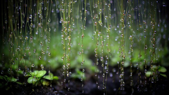 Close up of water droplets hanging on thin green stems with blurred background