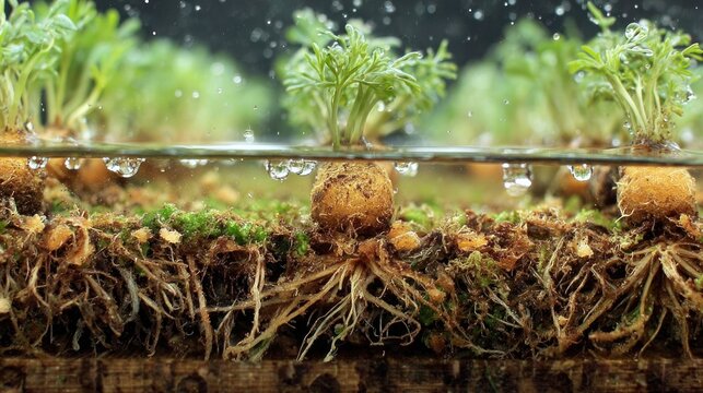 Close up of carrot plants growing in water with roots visible