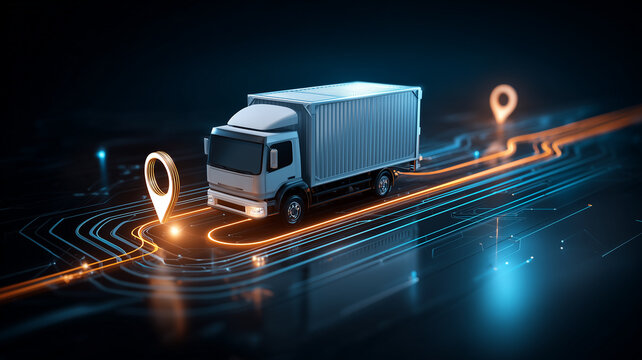 A delivery truck follows a marked digital route representing logistics tracking and efficient cargo transportation.
