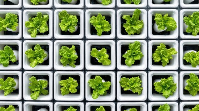Overhead view of fresh green lettuce plants growing in small white pots