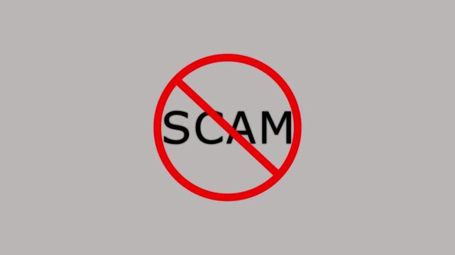 SCAM prohibition sign animation, white background. 4k animation video