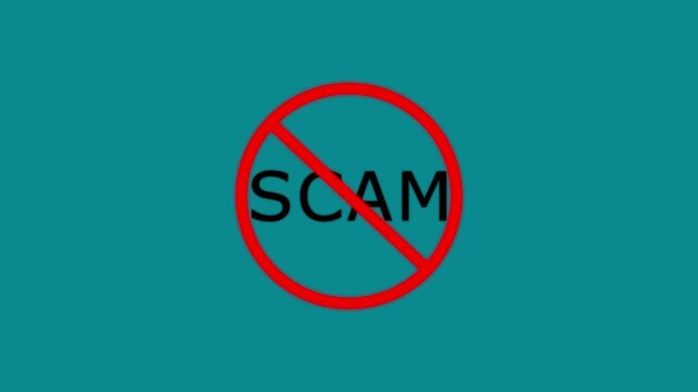 SCAM prohibition sign animation, white background. 4k animation video