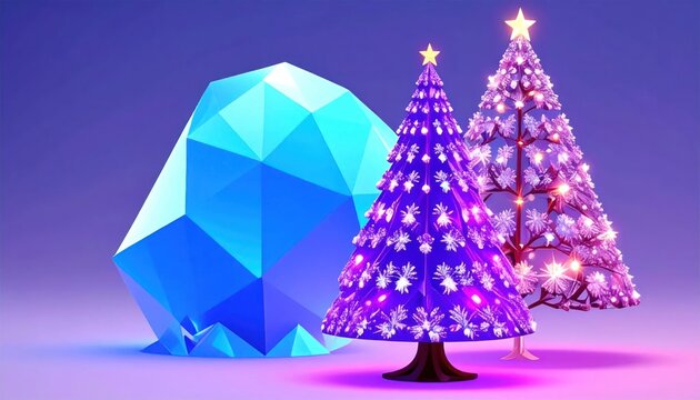 Purple Christmas trees with gemstone decoration.