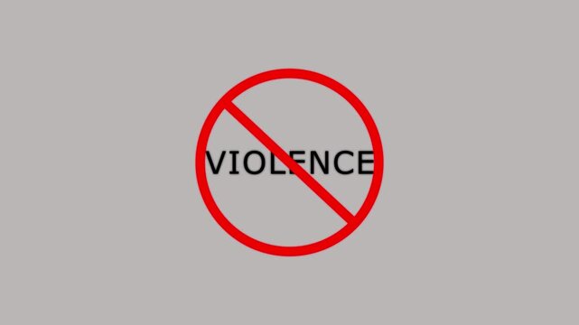 Red prohibition sign with the word VIOLENCE in white glowing text on a black background no violence
