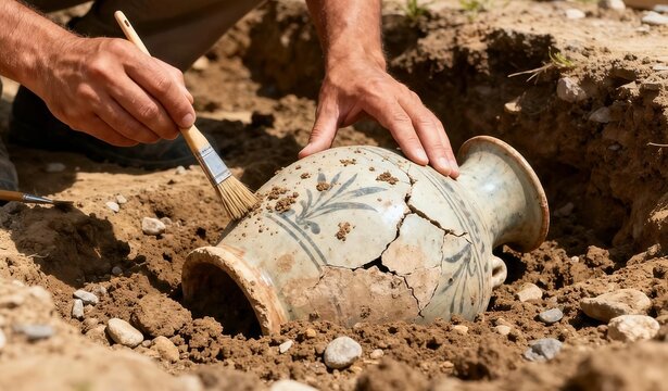 Archaeologist carefully excavating an ancient artifact by hand during professional archaeological fieldwork.