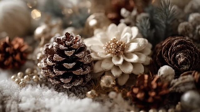 Frosted pinecone decorated with glitter and white flowers.