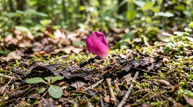 Ant carrying petal