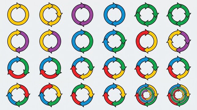 Circular loop silhouettes showing colored arrows, iterative cycles, continuous improvement, feedback process, repeating sequence, progressive rotation patterns