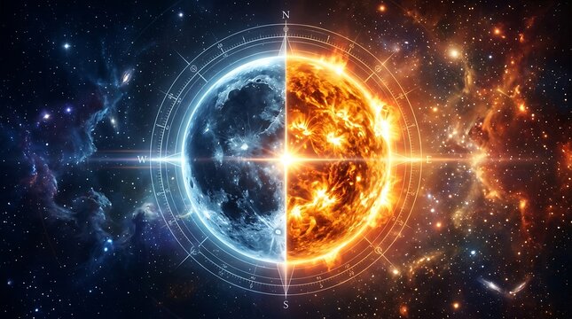 Cosmic planet collision. Blue earth and flaming sun. Duality, fire and ice. Space conflict background. Universe destruction. Abstract sci-fi technology.
