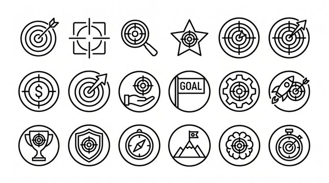 Minimal silhouettes of goal symbols, featuring targets, rockets, trophies, compasses, and mountains with flags in bold motivational designs.