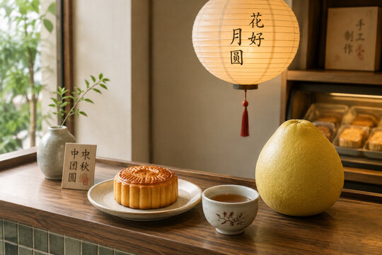 Mooncake on ceramic plate with tea, pomelo and paper lantern, Mid-Autumn Festival bakery display concept